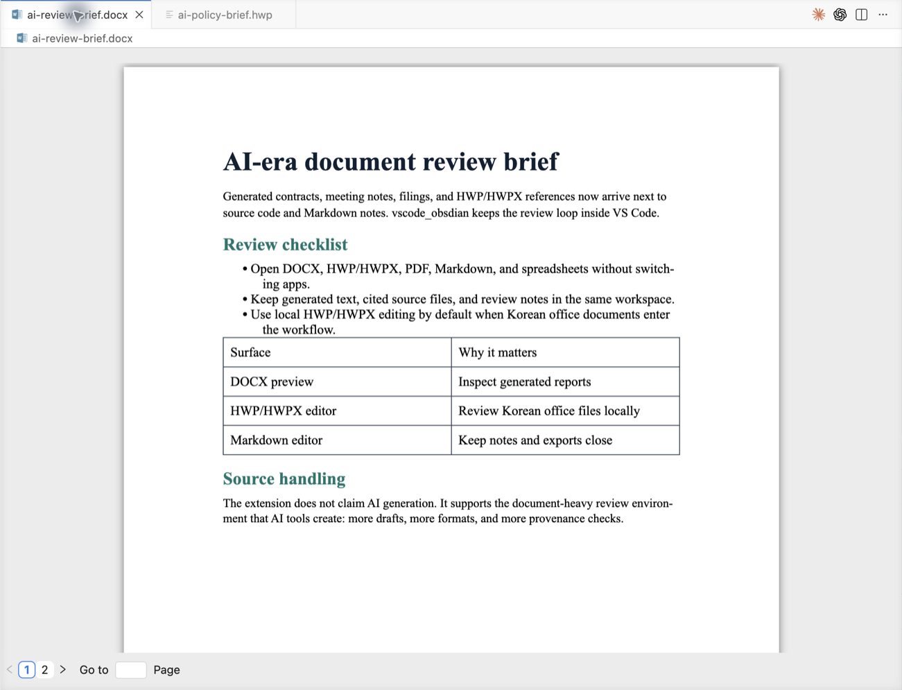 code-office previewing a DOCX review brief inside VS Code