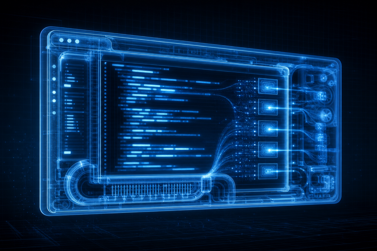 X-ray visualization of a terminal showing code, progress bars, and circuit-like data traces flowing from source to output