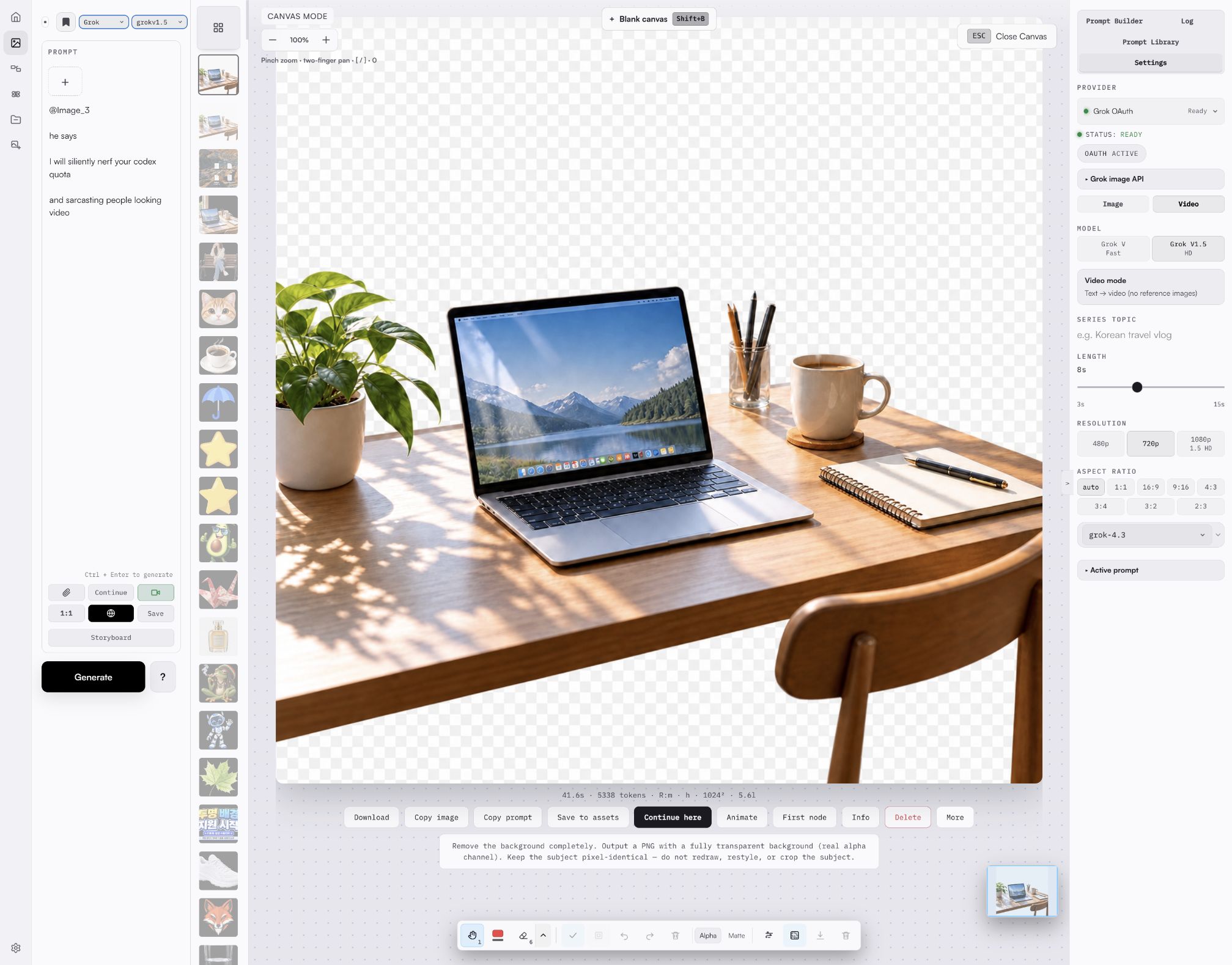ima2-gen Canvas Mode in light theme with the one-click GPT transparency flow and a transparent result.