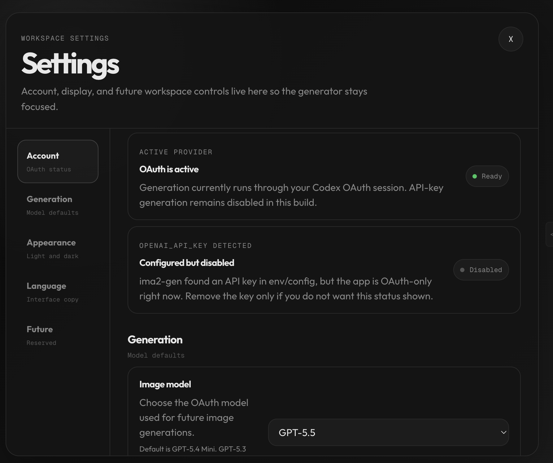 ima2-gen 설정 화면 — OAuth 활성, API key는 설정되어 있지만 비활성.
