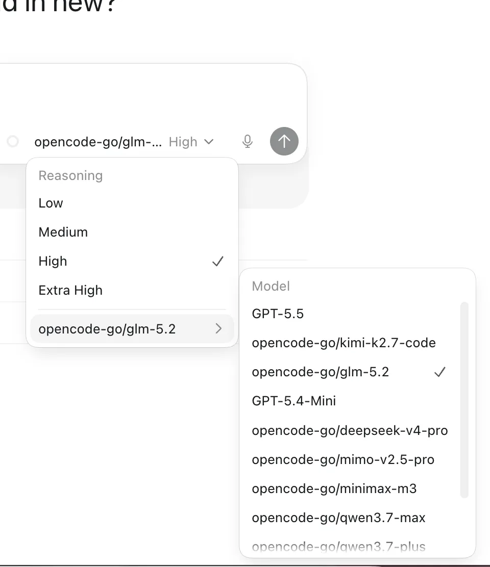Codex App showing opencodex routed models with reasoning effort picker